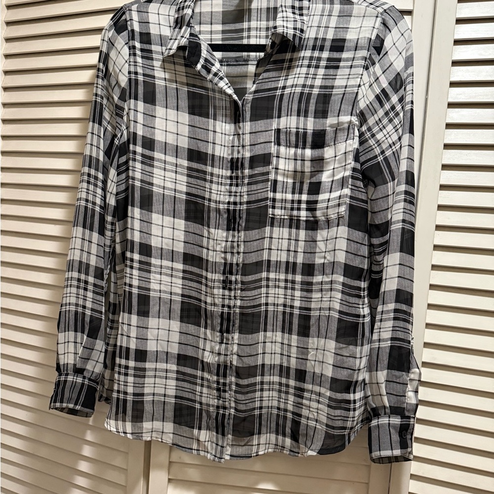 Sheer plaid button up long sleeve black and white